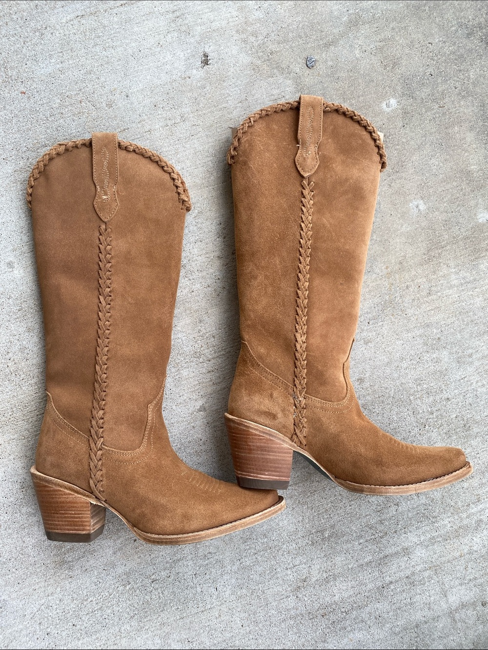 Women's Tan Suede Western Knee-High Boots with Braided Trim